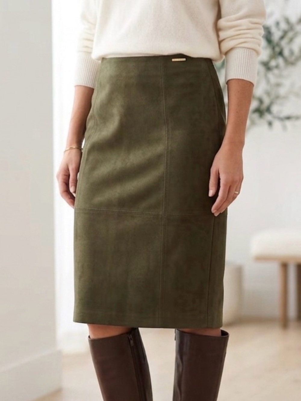 Marc New York Andrew Marc Olive Suede-Effect Pencil Skirt High Waist